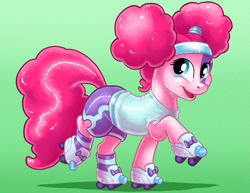 Size: 1035x800 | Tagged: safe, artist:hornbuckle, character:pinkie pie, species:earth pony, species:pony, female, latex, mare, nightmare night, pinkie puffs, roller skates, rubber pony, shiny, solo