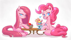 Size: 1617x911 | Tagged: safe, artist:sunbusting, character:pinkamena diane pie, character:pinkie pie, species:pony, duality, female, food, frown, ice cream, looking at you, open mouth, sitting, smiling, solo, table