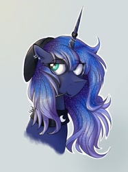 Size: 959x1280 | Tagged: safe, artist:mad-maker-cat, character:princess luna, species:pony, alternate hairstyle, bust, female, portrait, simple background, solo