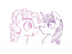Size: 1024x768 | Tagged: safe, artist:mad-maker-cat, character:pinkie pie, character:twilight sparkle, species:earth pony, species:pony, species:unicorn, ship:twinkie, :o, boop, chest fluff, eye contact, female, lesbian, looking at each other, mare, noseboop, open mouth, shipping, simple background, sketch, smiling, white background, wide eyes