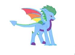Size: 1024x746 | Tagged: safe, artist:ocean-drop, oc, oc only, oc:chromatic colors, parent:rainbow dash, parent:spike, parents:rainbowspike, species:dracony, species:kirin, colored wings, hybrid, interspecies offspring, male, multicolored wings, offspring, rainbow wings, simple background, white background