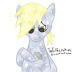 Size: 2000x2000 | Tagged: safe, artist:wolferahm, character:derpy hooves, species:crystal pony, species:pegasus, species:pony, 30 minute art challenge, bone, female, food, mare, muffin, organs, sad, signature, simple background, transparent background, transparent flesh