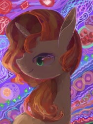 Size: 882x1173 | Tagged: safe, artist:twico, character:sunset shimmer, species:pony, species:unicorn, abstract background, bust, female, lidded eyes, mare, profile, smiling, solo