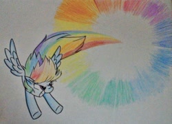 Size: 927x669 | Tagged: safe, artist:rozzertrask, character:rainbow dash, species:pony, newbie artist training grounds, g4, my little pony: friendship is magic, atg 2017, female, flying, solo, sonic rainboom, traditional art