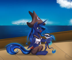 Size: 1447x1200 | Tagged: safe, artist:silver-wingx, character:princess luna, oc, species:alicorn, species:dragon, species:pony, bicorne, clothing, cloud, female, hat, looking at each other, mare, pirate, pirate hat, sky, smiling, solo, water