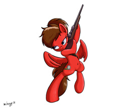 Size: 700x600 | Tagged: safe, artist:mingy.h, oc, oc only, oc:bottle coke, species:pegasus, species:pony, belly button, flying, gun, request, simple background, solo, weapon, white background