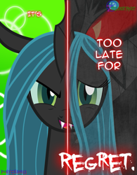 Size: 599x767 | Tagged: safe, artist:ponychaos13, character:queen chrysalis, species:changeling, female, happy, regret, sad, scared, smiling, solo, split screen, two sided posters
