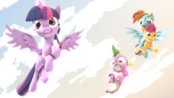 Size: 1920x1080 | Tagged: safe, artist:neondion60, character:rainbow dash, character:scootaloo, character:spike, character:twilight sparkle, character:twilight sparkle (alicorn), species:alicorn, species:dragon, species:pegasus, species:pony, 3d, flying, holding a pony, looking down, magic, scootalove, source filmmaker