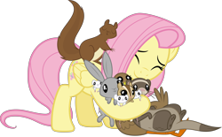 Size: 7230x4492 | Tagged: safe, artist:timeymarey007, character:fluttershy, species:duck, species:pegasus, species:pony, species:rabbit, episode:the hooffields and mccolts, g4, my little pony: friendship is magic, .svg available, absurd resolution, animal, chipmunk, cute, female, ferret, hug, mare, mouse, shyabetes, simple background, squirrel, transparent background, vector