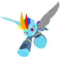 Size: 915x873 | Tagged: safe, artist:wynnchi, character:rainbow dash, species:pegasus, species:pony, alternate timeline, amputee, apocalypse dash, augmented, commission, crystal war timeline, female, flying, mare, prosthetic limb, prosthetic wing, prosthetics, scar, simple background, solo, white background