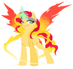 Size: 2102x2000 | Tagged: safe, artist:wynnchi, character:sunset shimmer, species:alicorn, species:pony, commission, fiery shimmer, fire, headband, smiling, spread wings, wings