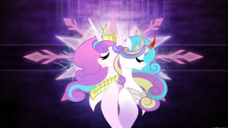 Size: 1024x576 | Tagged: safe, artist:owocrystalcatowo, character:princess flurry heart, oc, oc:crystal heart, parent:princess cadance, parent:shining armor, parents:shiningcadance, species:pony, back to back, curved horn, eyes closed, female, male, offspring, sisters, sombra horn, straight, wallpaper
