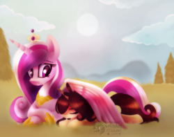 Size: 1240x980 | Tagged: safe, artist:starchasesketches, character:princess cadance, oc, oc:melany, species:alicorn, species:pony, species:unicorn, cloud, crown, eyes closed, female, grin, hug, jewelry, regalia, sleeping, smiling, sun, valley, wing blanket, winghug