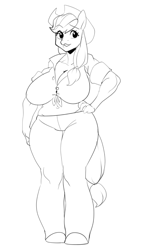 Size: 571x1000 | Tagged: safe, artist:ramudey, character:applejack, species:anthro, species:unguligrade anthro, big breasts, breasts, busty applejack, button-up shirt, cleavage, clothing, female, huge breasts, looking at you, monochrome, pants, simple background, sketch, solo, white background