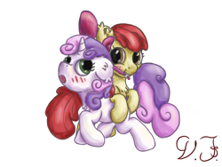 Size: 1600x1200 | Tagged: safe, artist:velvet frame, character:apple bloom, character:sweetie belle, species:earth pony, species:pony, species:unicorn, ship:sweetiebloom, :o, accessory swap, blushing, bow, cute, duo, female, filly, lesbian, looking back, mouth hold, open mouth, ponies riding ponies, shipping, simple background, smiling