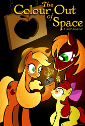 Size: 1351x2000 | Tagged: safe, artist:deeptriviality, character:apple bloom, character:applejack, character:big mcintosh, character:granny smith, species:earth pony, species:pony, apple family, book cover, cover art, eldritch abomination, female, filly, lovecraft, male, mare, meteor, stallion, straw in mouth, the colour out of space, this will end in death, this will not end well