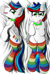 Size: 5906x8858 | Tagged: safe, artist:raptorpwn3, oc, oc only, oc:pedals, species:pegasus, species:pony, absurd resolution, body pillow, body pillow design, clothing, collar, cute, femboy, male, piercing, rainbow socks, snuggling, socks, solo, striped socks, thigh highs