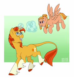 Size: 1990x2100 | Tagged: safe, artist:broohan, character:sunburst, oc, oc:sunshine breeze, parent:sunburst, parent:zephyr breeze, parents:zephyrburst, species:pegasus, species:pony, father and daughter, female, filly, leonine tail, magic, magical gay spawn, male, unshorn fetlocks