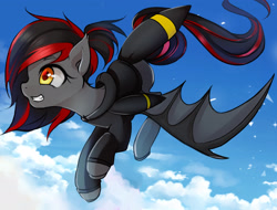 Size: 2460x1870 | Tagged: safe, artist:kirani, oc, oc only, oc:tomoko tanue, species:bat pony, species:pony, fallout equestria, clothing, commission, crossover, female, hoodie, mare, pokémon, smiling, umbreon, ych result