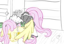 Size: 2876x1968 | Tagged: safe, artist:velvet frame, character:fluttershy, species:pony, blushing, bookshelf, bow, clothing, cute, door, embarrassed, face down ass up, female, fluttermaid, gloves, looking back, maid, shoes, sketch, spread wings, wings, wooden floor