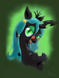 Size: 768x1024 | Tagged: safe, artist:a8702131, character:queen chrysalis, species:changeling, changeling queen, female, flower, flower in hair, glasses, gradient background, hippie, looking at you, raised hoof, solo