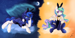 Size: 1980x1020 | Tagged: safe, artist:shogundun, character:princess celestia, character:princess luna, species:alicorn, species:pony, bunny ears, bunny suit, bunnylestia, clothing, day, female, looking at you, mare, night, royal sisters, smiling