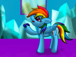 Size: 1600x1200 | Tagged: safe, artist:bleuey, character:rainbow dash, species:pegasus, species:pony, controller, decision, female, hoof hold, looking up, mare, procrastination, raised hoof, signature, solo