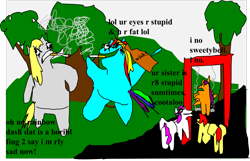 Size: 1787x1148 | Tagged: safe, artist:jacobfoolson, character:apple bloom, character:derpy hooves, character:rainbow dash, character:scootaloo, character:sweetie belle, 1000 hours in ms paint, abuse, alcohol, cigarette, derpybuse, fat, insult, park, playground, smoking, whiskey