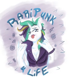 Size: 1199x1334 | Tagged: safe, artist:radicalweegee, character:rarity, species:anthro, episode:it isn't the mane thing about you, g4, my little pony: friendship is magic, alternate hairstyle, breasts, cleavage, devil horn (gesture), female, punk, punkity, solo, tongue out