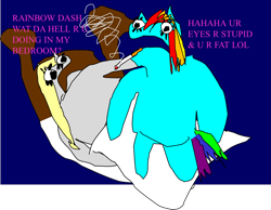 Size: 1744x1352 | Tagged: safe, artist:jacobfoolson, character:derpy hooves, character:rainbow dash, 1000 hours in ms paint, abuse, bed, bedroom, bedtime, breaking and entering, crime, derpybuse, fat, insult