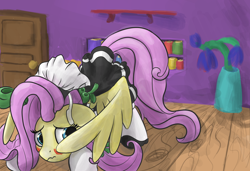 Size: 2876x1968 | Tagged: safe, artist:velvet frame, character:fluttershy, species:pony, blushing, book, bookshelf, bow, clothing, cute, door, embarrassed, face down ass up, female, flower, fluttermaid, gloves, looking back, maid, shoes, spread wings, wings, wooden floor