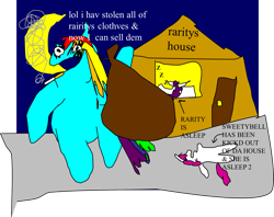 Size: 1697x1343 | Tagged: safe, artist:jacobfoolson, character:rainbow dash, character:rarity, character:sweetie belle, 1000 hours in ms paint, breaking and entering, cigarette, robbery, smoking, stealing