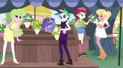 Size: 2000x1100 | Tagged: safe, artist:darthlena, character:daisy, character:lily, character:lily valley, character:rarity, character:roseluck, episode:it isn't the mane thing about you, g4, my little pony: friendship is magic, my little pony:equestria girls, alternate hairstyle, boots, clothing, denim shorts, dress, equestria girls interpretation, equestria girls-ified, flower trio, high heels, midriff, pants, ponytail, punk, punkity, scene interpretation, shoes, shorts, socks