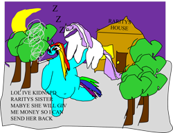Size: 1612x1240 | Tagged: safe, artist:jacobfoolson, character:rainbow dash, character:sweetie belle, 1000 hours in ms paint, cigarette, kidnapped, ransom, smoking