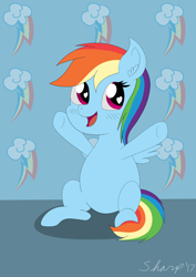 Size: 1024x1448 | Tagged: safe, artist:sharpiesketches, character:rainbow dash, species:pegasus, species:pony, chibi, cute, cutie mark, female, heart eyes, mare, simple background, sitting, smiling, solo, wingding eyes