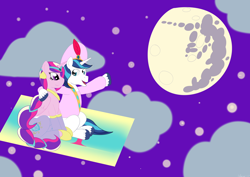 Size: 1024x724 | Tagged: safe, artist:sharpiesketches, character:princess cadance, character:shining armor, a whole new world, aladdin, clothing, cosplay, costume, cover art, doormat, mare in the moon, moon, parody, pinkie tales, pointing, princess jasmine, shaladdin, simple background, sitting, stars