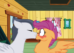 Size: 674x484 | Tagged: safe, artist:ficklepickle9421, character:rumble, character:scootaloo, species:pegasus, species:pony, ship:rumbloo, episode:marks and recreation, g4, my little pony: friendship is magic, blushing, eyes closed, female, kissing, male, shipping, straight