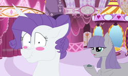 Size: 1024x605 | Tagged: safe, artist:ficklepickle9421, character:boulder, character:maud pie, character:rarity, species:earth pony, species:pony, species:unicorn, ship:rarimaud, blushing, female, lesbian, scrunchy face, shipping