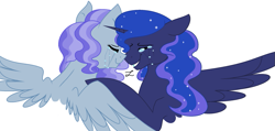 Size: 1023x488 | Tagged: safe, artist:ficklepickle9421, character:princess luna, oc, oc:winter lily, parent:oc:snowdrop, parent:princess luna, parents:canon x oc, species:alicorn, species:pony, alicorn oc, crying, female, magical lesbian spawn, maternaluna, mother and daughter, motherly, motherly love, offspring