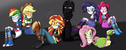 Size: 4000x1600 | Tagged: safe, artist:nivek15, character:applejack, character:fluttershy, character:pinkie pie, character:rainbow dash, character:rarity, character:sunset shimmer, character:twilight sparkle, character:twilight sparkle (scitwi), oc, oc:dark spark, species:eqg human, my little pony:equestria girls, absurd resolution, applesub, arm behind back, bondage, boots, bound and gagged, breasts, cloth gag, clothing, compression shorts, cowboy hat, dashsub, denim skirt, equestria girls-ified, eyes closed, female, femsub, fluttersub, gag, hands behind back, hat, humane five, humane seven, humane six, leggings, pants, pinkiesub, rainbond dash, rarisub, ropes, shoes, sitting, skirt, socks, stetson, struggling, submissive, subset, tank top, tied up, twisub