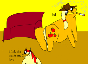 Size: 310x226 | Tagged: safe, artist:jacobfoolson, character:apple bloom, character:applejack, 1000 hours in ms paint, animated, bottom, butt shake, cigarette, female, gif, masterpiece, plot, quality, shaking, smoking