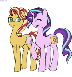 Size: 960x1024 | Tagged: safe, artist:hayley566, character:starlight glimmer, character:sunset shimmer, species:pony, species:unicorn, alternate hairstyle, duo, eyes closed, fake cutie mark, female, mane swap, mare, nightmare night, simple background, transparent background