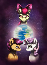 Size: 1024x1420 | Tagged: safe, artist:xaneas, character:apple bloom, character:scootaloo, character:sweetie belle, species:pony, cutie mark crusaders, looking at you, planet, stars, world