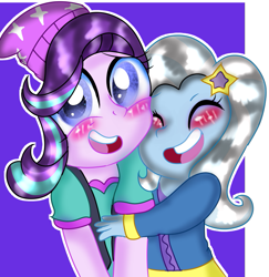 Size: 725x745 | Tagged: safe, artist:doraemonfan4life, character:starlight glimmer, character:trixie, ship:startrix, my little pony:equestria girls, beanie, clothing, female, hat, lesbian, shipping