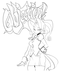 Size: 500x600 | Tagged: safe, artist:ramudey, character:rarity, satyr, species:pony, species:unicorn, ace attorney, clothing, crossover, female, hand on hip, looking at you, monochrome, objection, satyrized, simple background, solo, white background