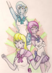 Size: 1223x1739 | Tagged: safe, artist:thegloriesbigj, character:fuchsia blush, character:lavender lace, character:trixie, my little pony:equestria girls, clothing, cosplay, costume, female, sailor moon, sailor scout, sailor uniform, trixie and the illusions