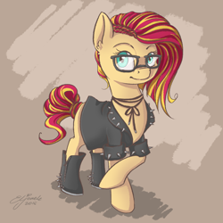 Size: 1280x1280 | Tagged: safe, artist:eljonek, character:sunset shimmer, species:pony, alternate hairstyle, boots, clothing, female, glasses, jacket, missing horn, shoes, solo, spikes, sunspecs shimmer