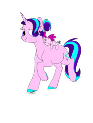Size: 600x800 | Tagged: safe, artist:doodletheexpoodle, character:starlight glimmer, oc, oc:pocket watch, parent:doctor whooves, parent:starlight glimmer, parents:starwhooves, species:pony, alternate hairstyle, baby, baby pony, colored hooves, female, mother and daughter, offspring, ponies riding ponies, simple background, tongue out, transparent background