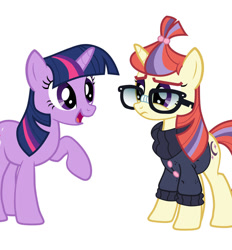 Size: 862x927 | Tagged: safe, artist:n238900, character:moondancer, character:twilight sparkle, aftermath, character to character, frown, glasses, looking at each other, moondancer's sweater, transformation, transformation sequence, transformed