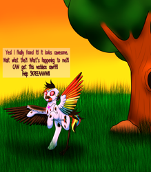 Size: 5080x5800 | Tagged: safe, artist:marsh-mal-oh, character:rainbow dash, species:bird, species:pegasus, species:pony, species:raven, absurd resolution, bipedal, caw, cloven hooves, colored wings, cursed, female, frown, grass, grass field, jewelry, mare, necklace, open mouth, rearing, speech change, spread wings, sunset, transformation, tree, wide eyes, wings